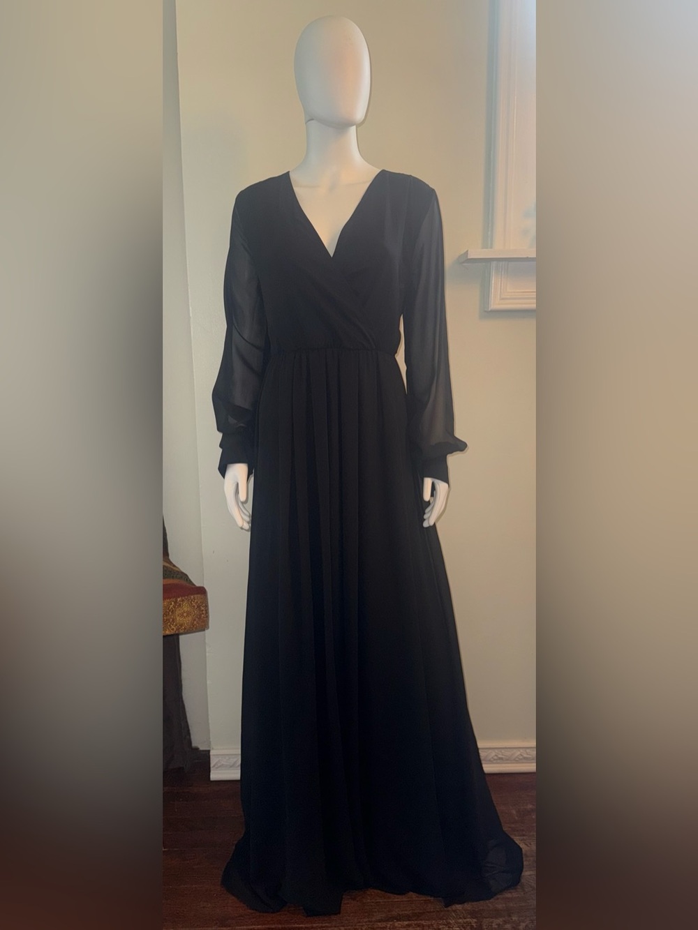 Baltic Born Black Long Sleeve V-Neck Chiffon Maxi Gown
